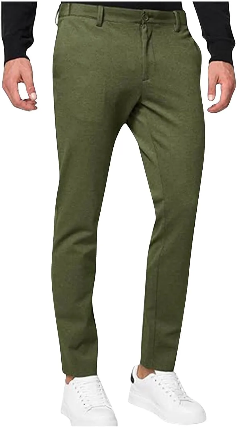 Mens Casual Stretch Chino Pants Slim Fit Expandable Waist Flat Front Khaki Pant Lightweight Golf Trousers with Pocket