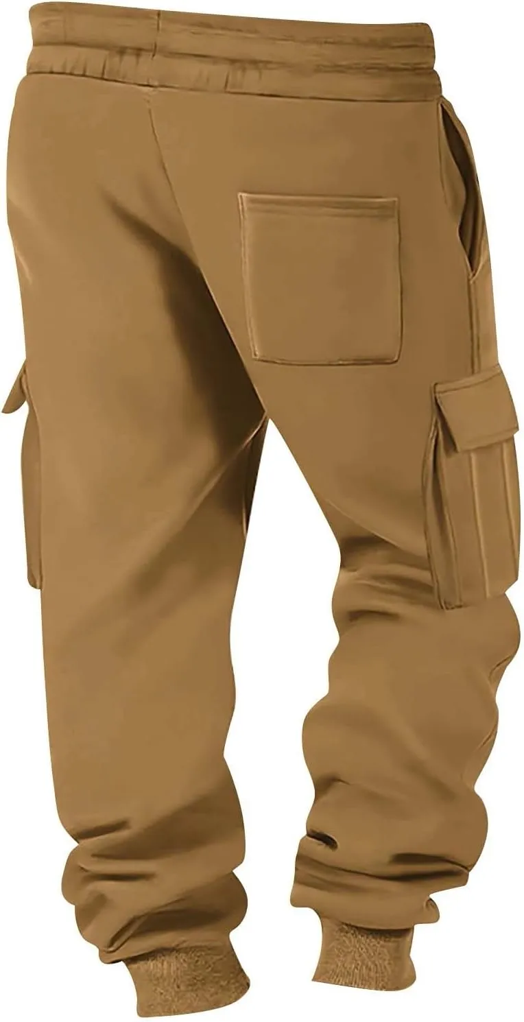 Men's Chinos Solid Color Pocket Cuffed Work Pants, Men's Casual Drawstring Work Pants