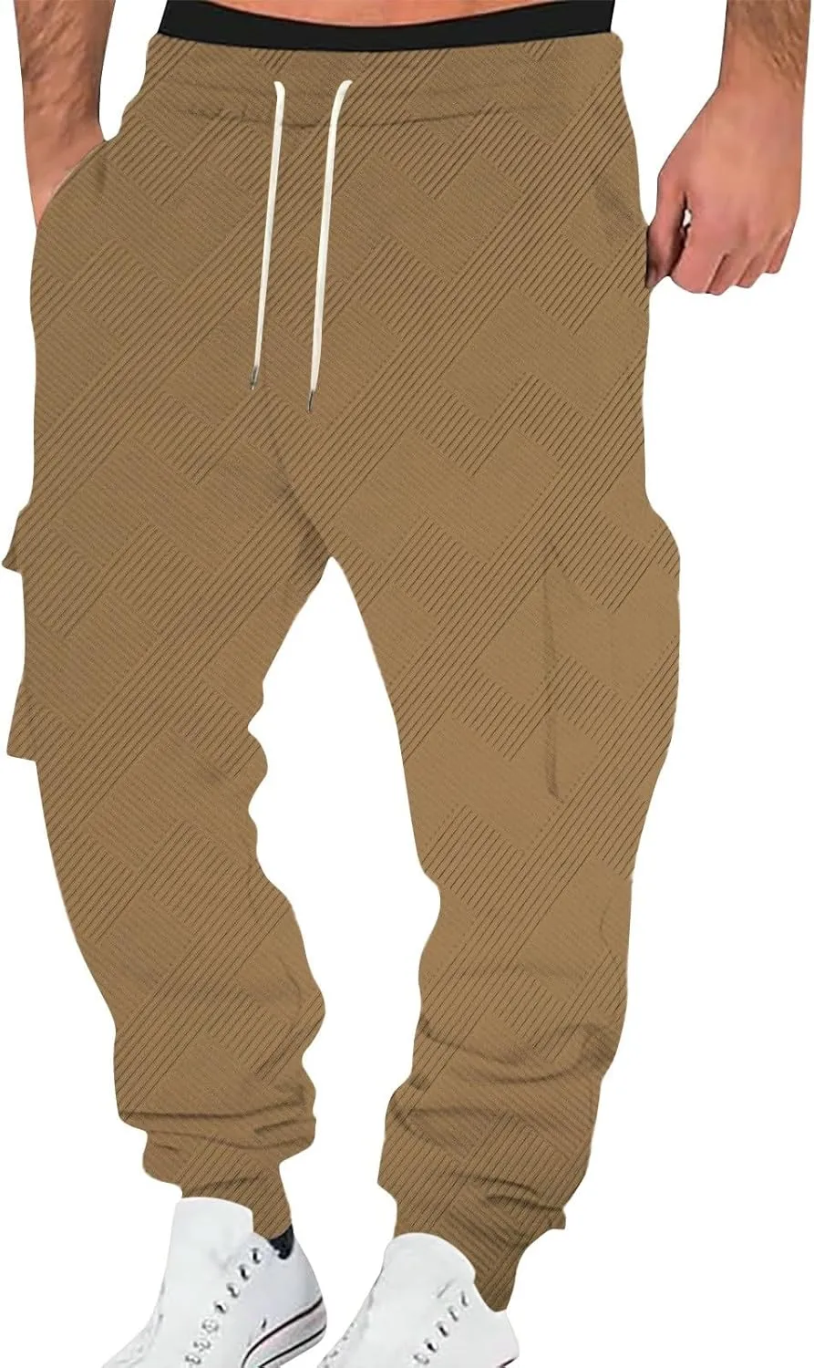 Men's Chinos Solid Color Pocket Cuffed Work Pants, Men's Casual Drawstring Work Pants