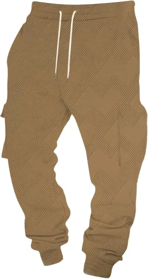 Men's Chinos Solid Color Pocket Cuffed Work Pants, Men's Casual Drawstring Work Pants
