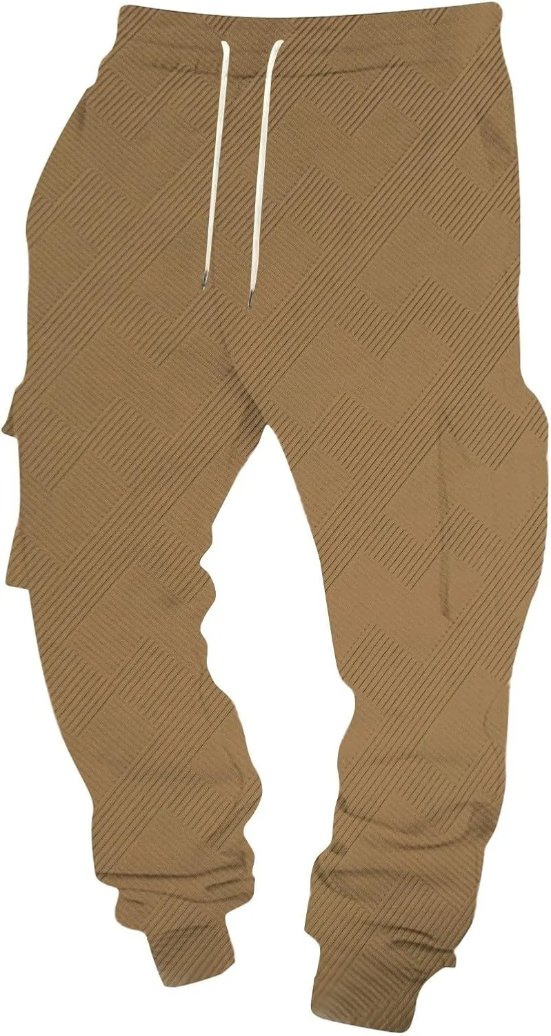 Men's Chinos Solid Color Pocket Cuffed Work Pants, Men's Casual Drawstring Work Pants