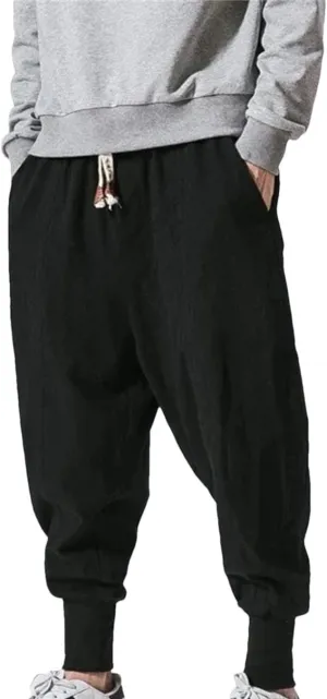 Mens Cotton Linen Harem Pants Streetwear Joggers Loose Drop-Crotch Casual Trousers Sweatpants
