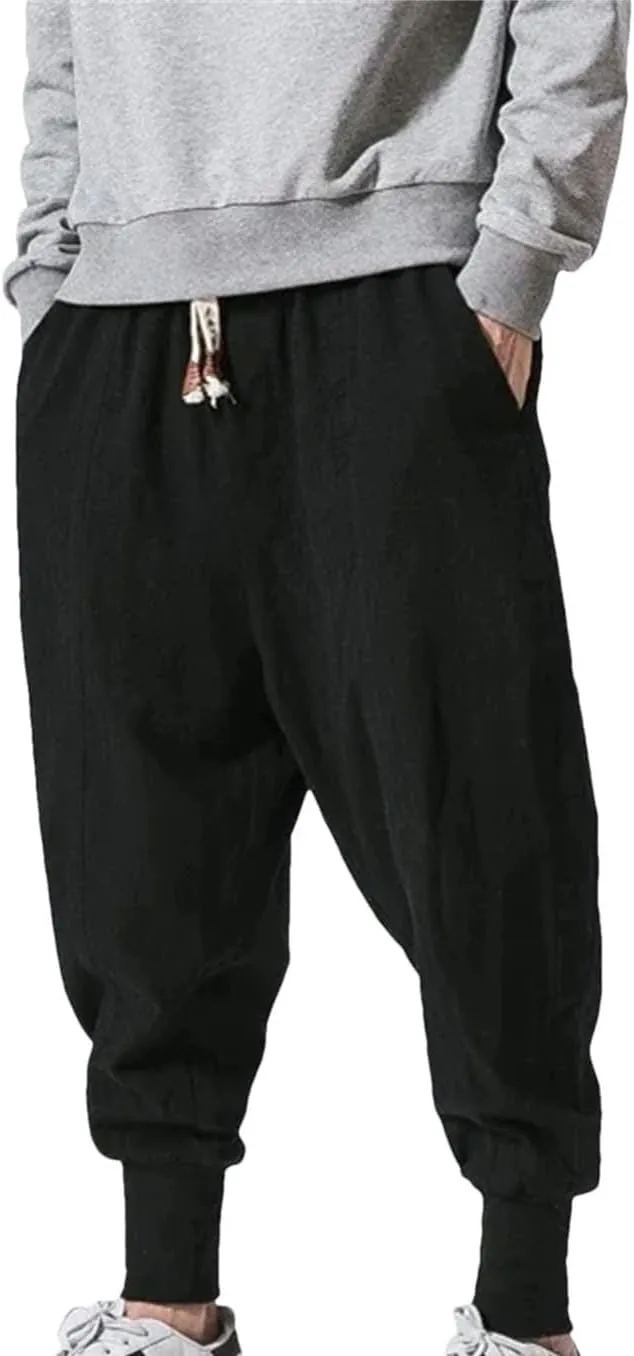 Mens Cotton Linen Harem Pants Streetwear Joggers Loose Drop-Crotch Casual Trousers Sweatpants