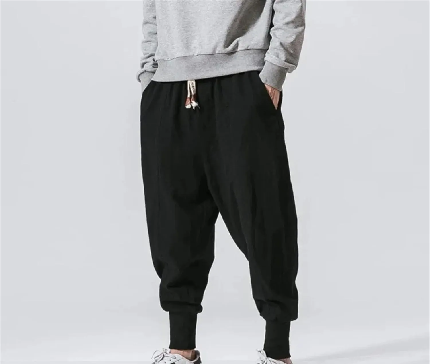 Mens Cotton Linen Harem Pants Streetwear Joggers Loose Drop-Crotch Casual Trousers Sweatpants