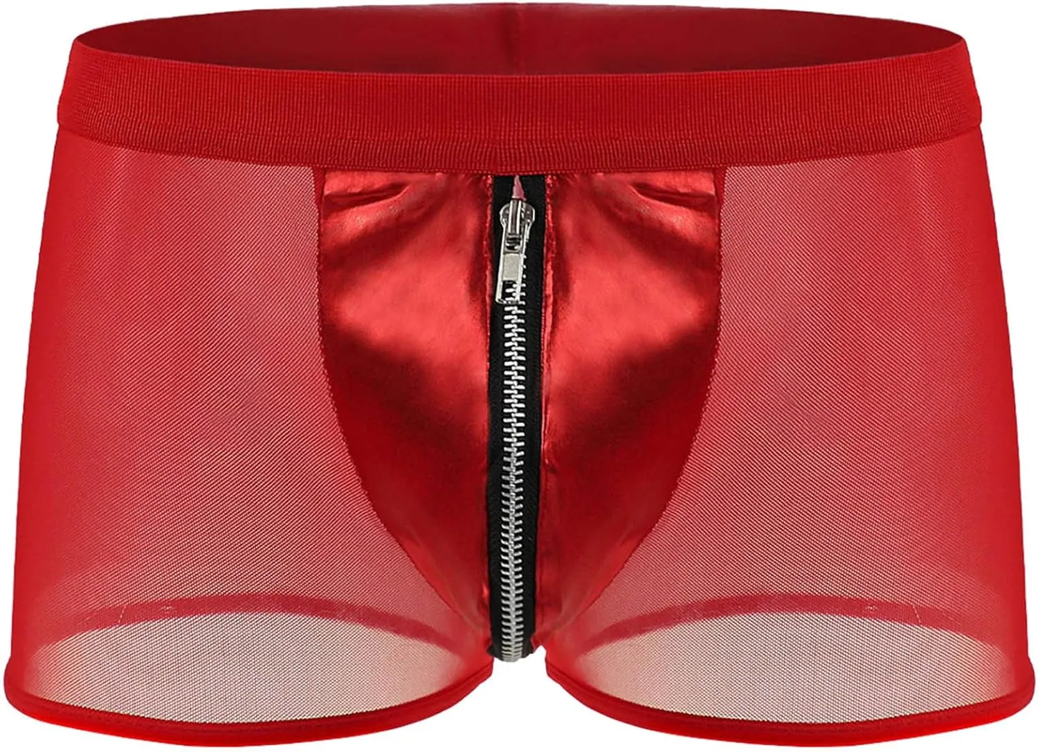 Men's Front Zipper Mesh Trunks with Faux Leather Low Waisted See Through Bulge Pouch Boxer Briefs Breathable Underwear Shorts