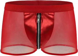 Men's Front Zipper Mesh Trunks with Faux Leather Low Waisted See Through Bulge Pouch Boxer Briefs Breathable Underwear Shorts