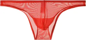 Men's Lace Frilly Thong Panties Sheer Mesh Boxer Briefs Semi Sheer T-back G-string Underwear Lingerie for Men Red