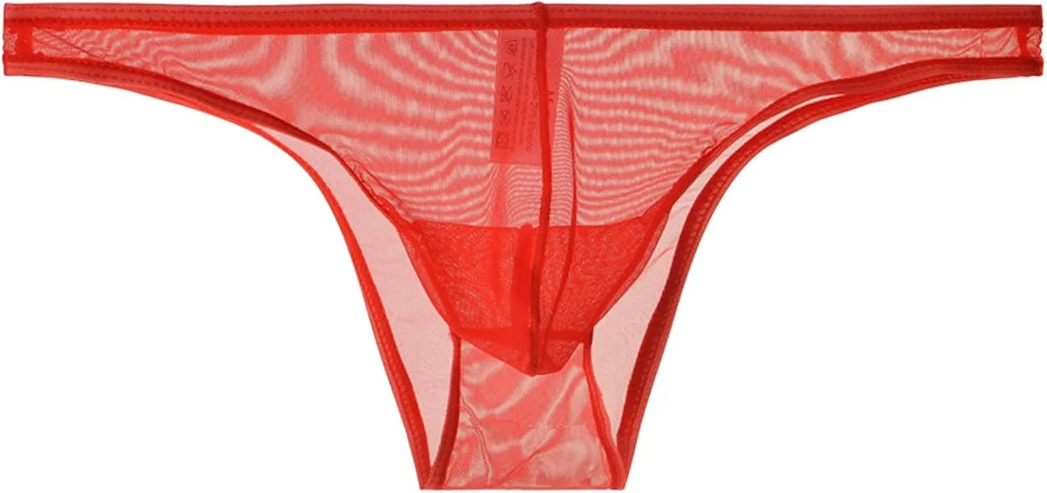 Men's Lace Frilly Thong Panties Sheer Mesh Boxer Briefs Semi Sheer T-back G-string Underwear Lingerie for Men Red
