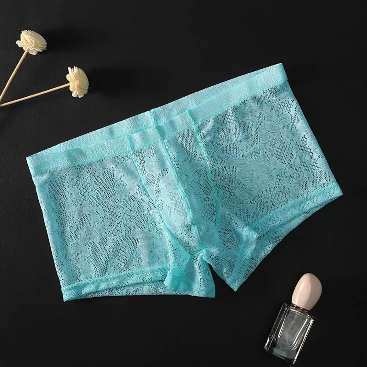 Men's Lace Frilly Thong Panties Sheer Mesh Boxer Briefs Semi Sheer T-back G-string Underwear Lingerie for Men