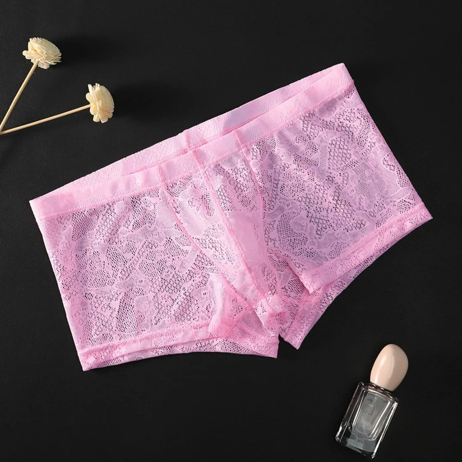 Men's Lace Frilly Thong Panties Sheer Mesh Boxer Briefs Semi Sheer T-back G-string Underwear Lingerie for Men