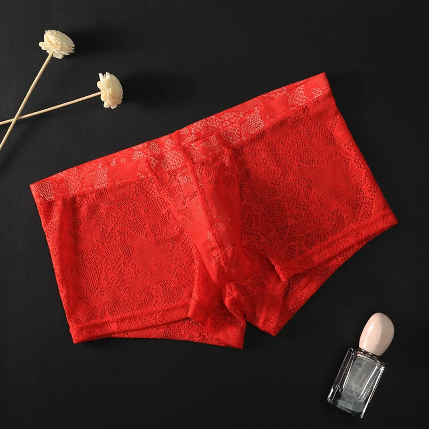 Men's Lace Frilly Thong Panties Sheer Mesh Boxer Briefs Semi Sheer T-back G-string Underwear Lingerie for Men
