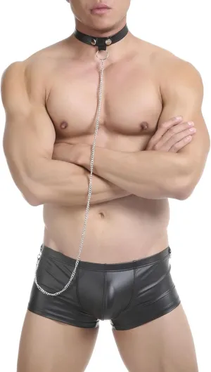 Mens Leather Boxer Briefs with Chain Choker, Sexy Pouch Trunks Underwear Clubwear Hot Pants
