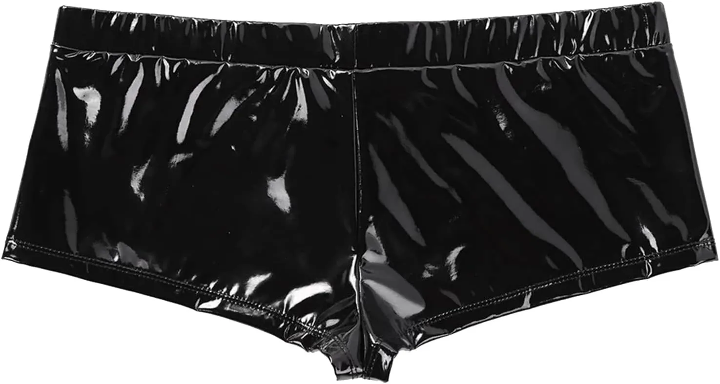 Mens Low Rise Boxer Briefs Patent Leather Underpants With Open Crotch Elastic Thong Sexy Underwear Briefs Jockstraps