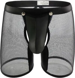 Mens Mesh Boxer Briefs with Faux Leather Low Rise See Through Sheer Sexy Butt-Flaunting Removable Pouch Underwear Shorts
