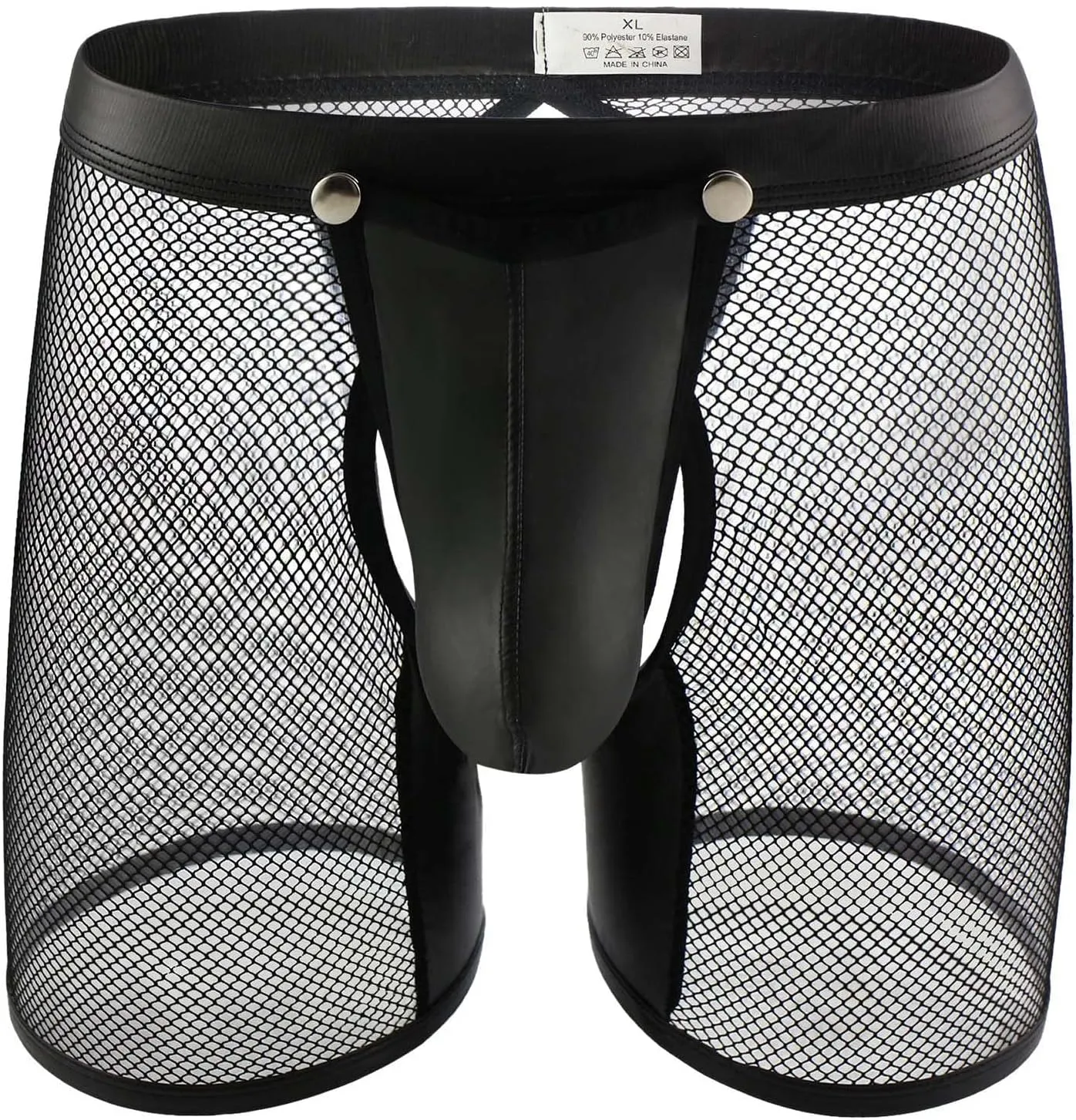 Mens Mesh Boxer Briefs with Faux Leather Low Rise See Through Sheer Sexy Butt-Flaunting Removable Pouch Underwear Shorts