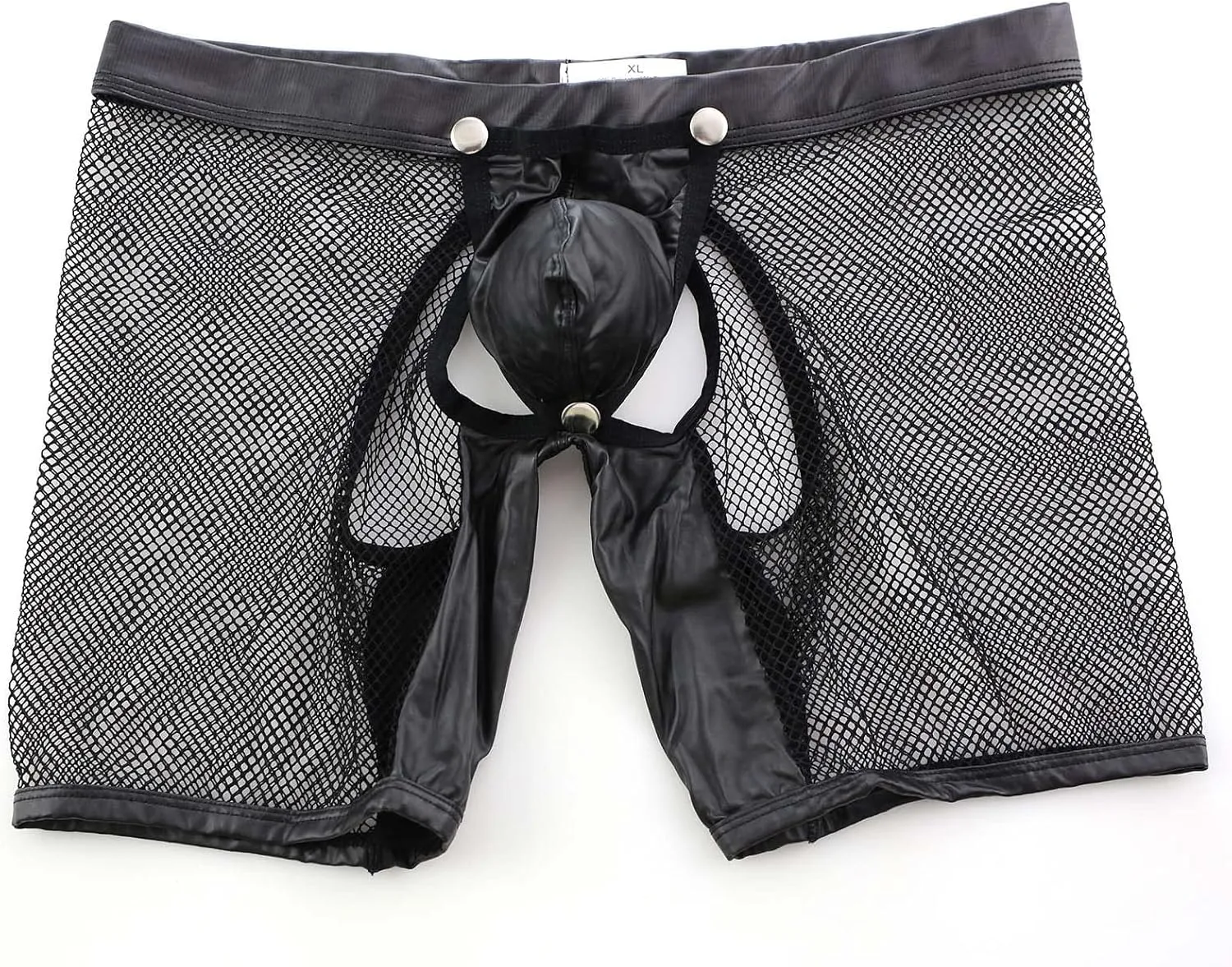 Mens Mesh Boxer Briefs with Faux Leather Low Rise See Through Sheer Sexy Butt-Flaunting Removable Pouch Underwear Shorts