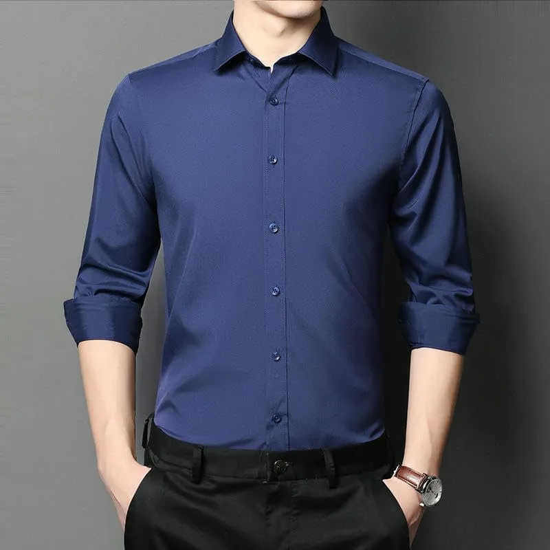 Men's Non-Iron Solid Color Cotton Long Sleeve Shirt Slim Fit Business Blouse