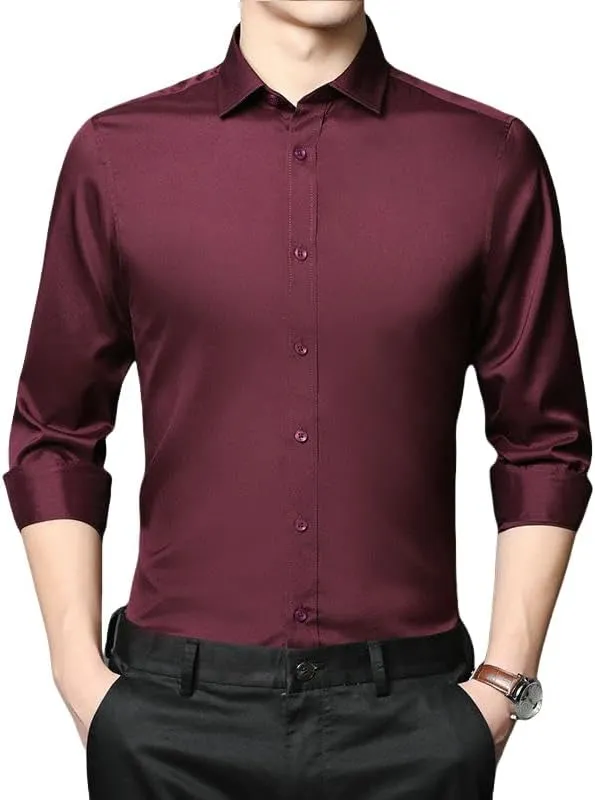 Men's Non-Iron Solid Color Cotton Long Sleeve Shirt Slim Fit Business Blouse