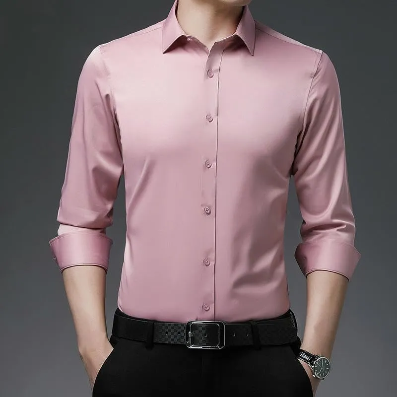 Men's Non-Iron Solid Color Cotton Long Sleeve Shirt Slim Fit Business Blouse