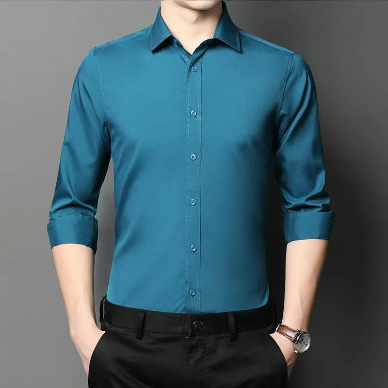 Men's Non-Iron Solid Color Cotton Long Sleeve Shirt Slim Fit Business Blouse