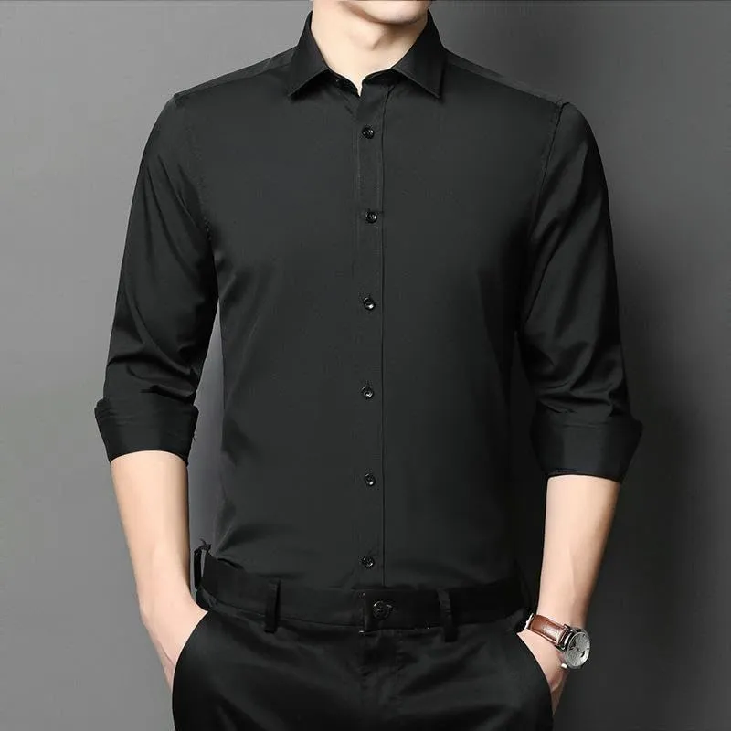Men's Non-Iron Solid Color Cotton Long Sleeve Shirt Slim Fit Business Blouse