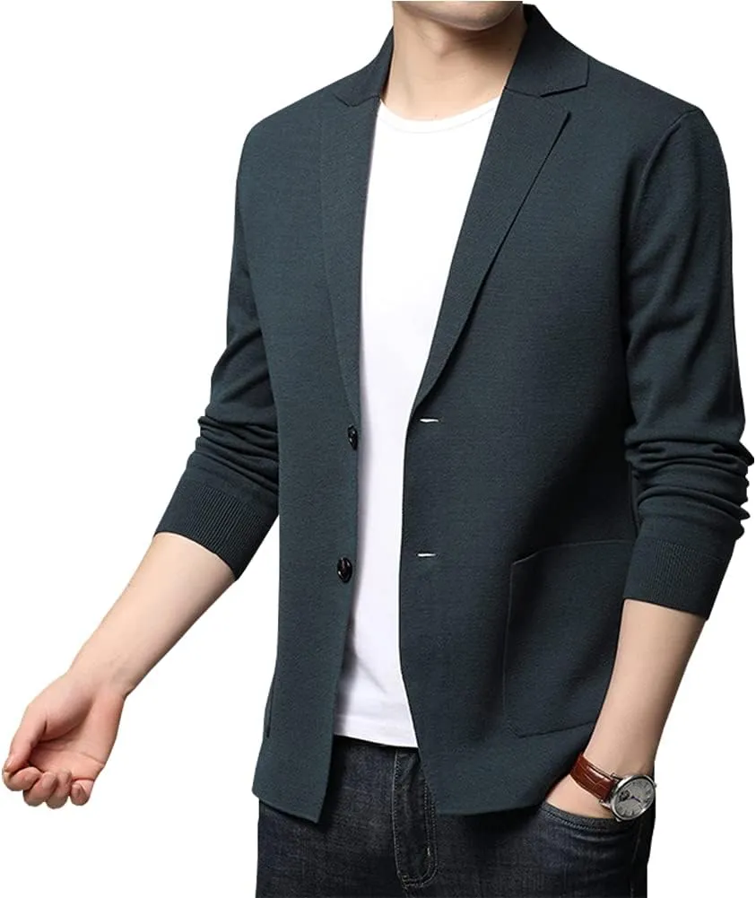 Mens Notched Lapel Cotton Cardigan Sweater Two Button Closure Knitwear