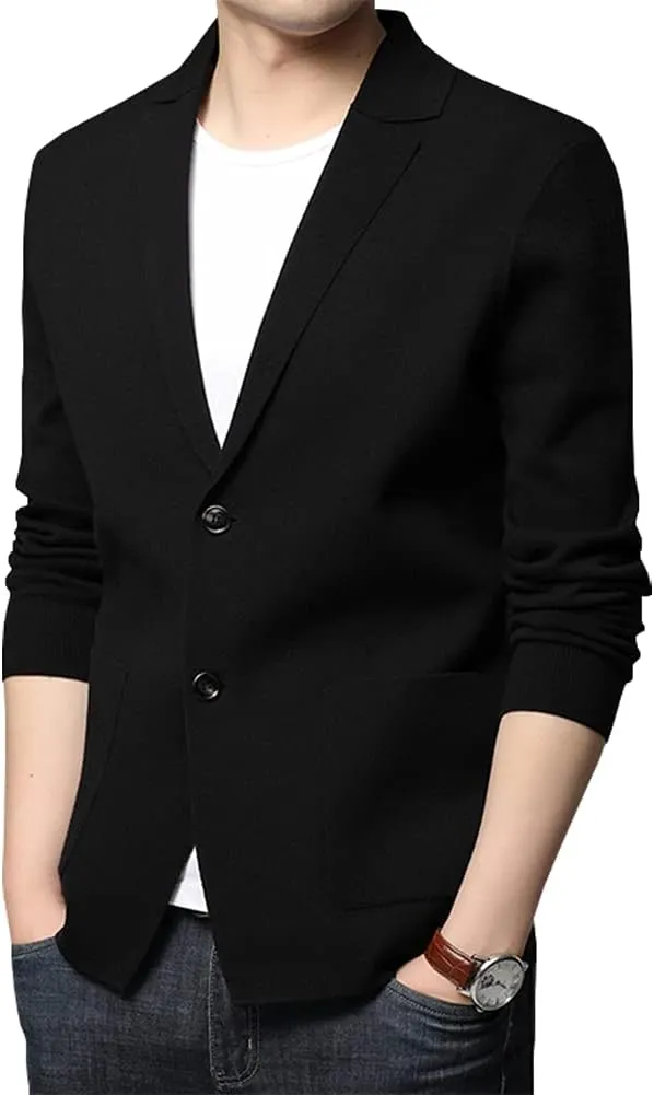 Mens Notched Lapel Cotton Cardigan Sweater Two Button Closure Knitwear