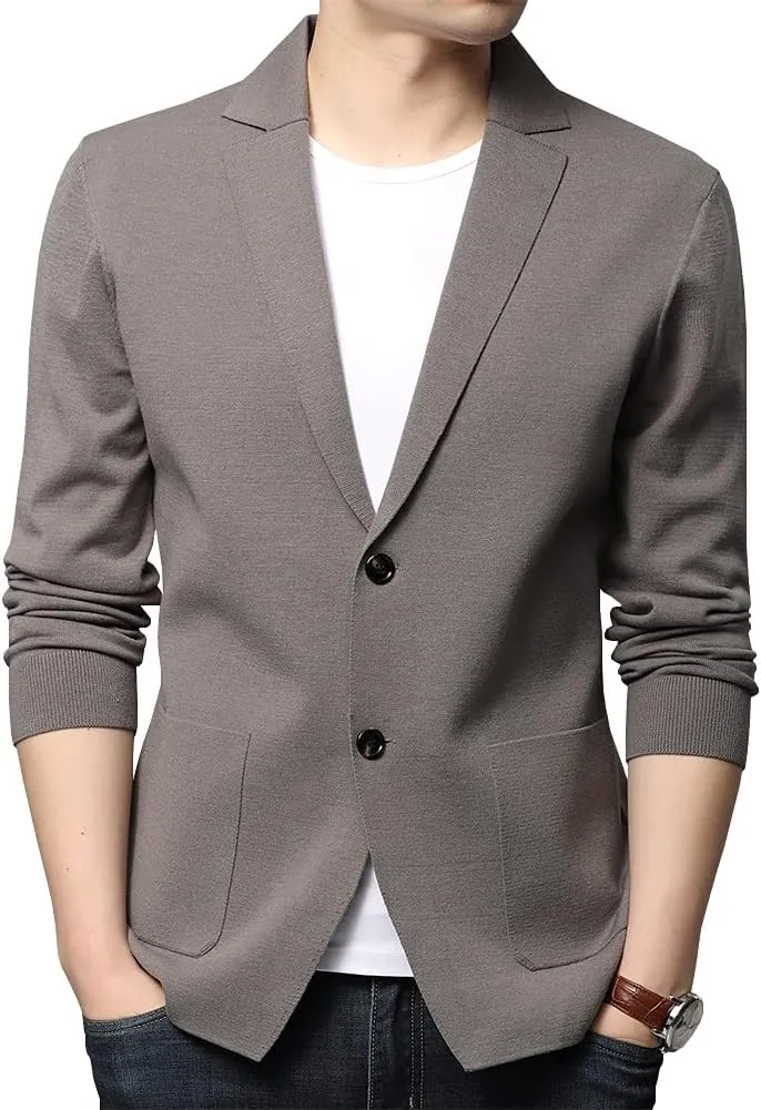 Mens Notched Lapel Cotton Cardigan Sweater Two Button Closure Knitwear