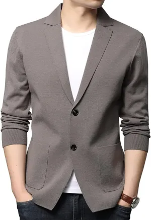 Mens Notched Lapel Cotton Cardigan Sweater Two Button Closure Knitwear