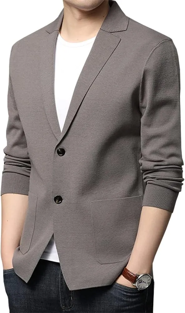 Mens Notched Lapel Cotton Cardigan Sweater Two Button Closure Knitwear
