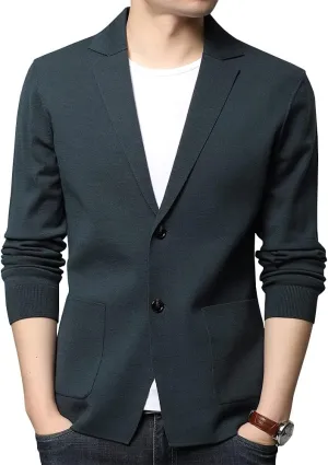 Mens Notched Lapel Cotton Cardigan Sweater Two Button Closure Knitwear