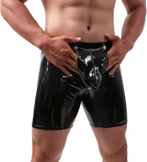 Men's See Through Boxer Briefs Sexy Faux Leather Shorts Pants Erotic Club Party Wear Button Removable Pouch