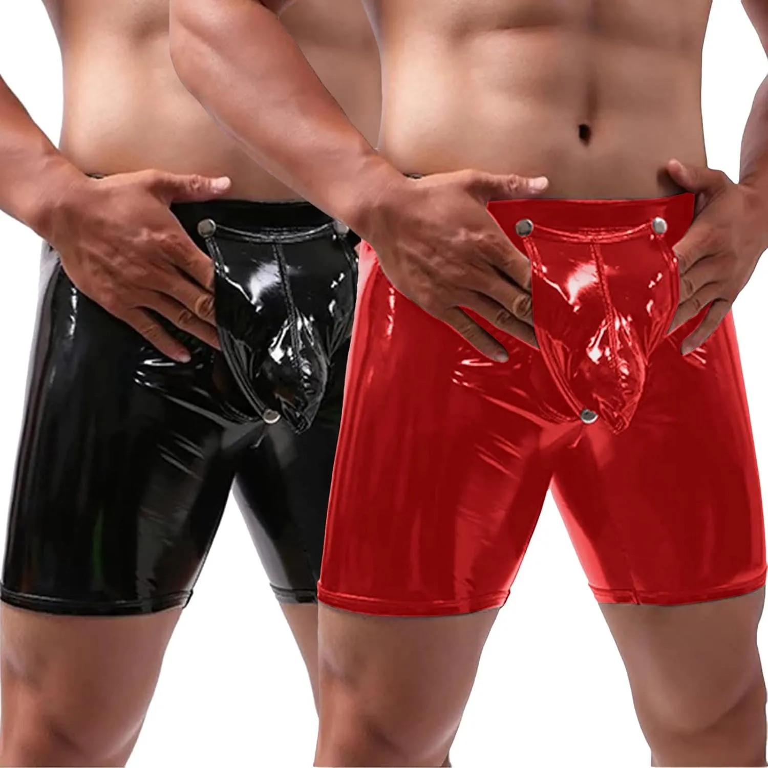Men's See Through Boxer Briefs Sexy Faux Leather Shorts Pants Erotic Club Party Wear Button Removable Pouch