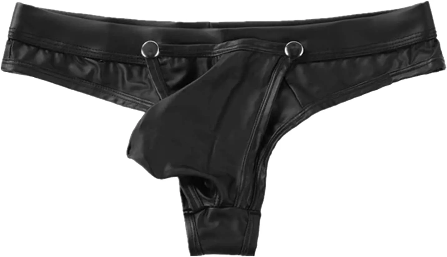 Men's Sexy Faux Leather T-Back Thongs G-String Low Waist Soft Erotic Underwear Removable Pouch Funny Lingerie Trunks