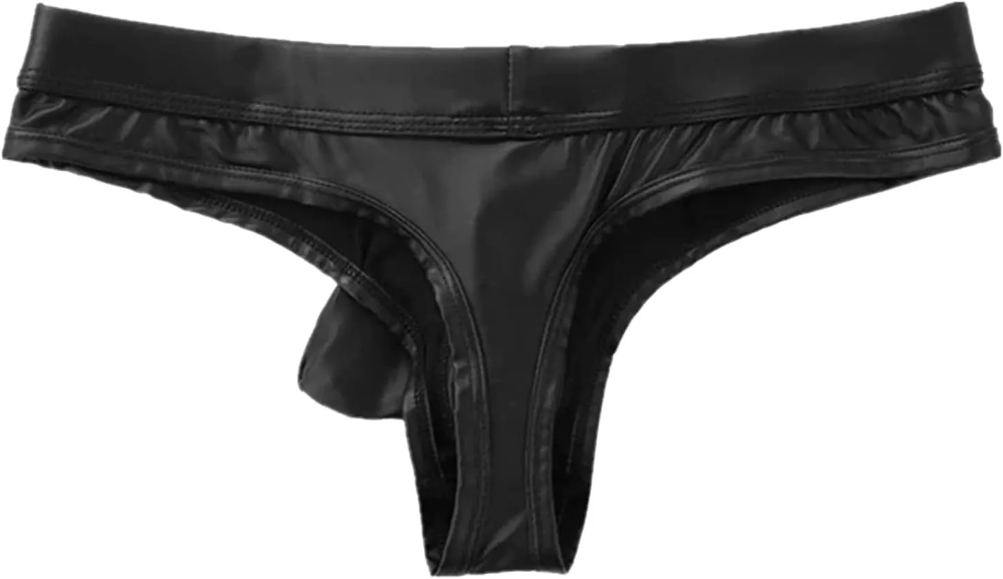 Men's Sexy Faux Leather T-Back Thongs G-String Low Waist Soft Erotic Underwear Removable Pouch Funny Lingerie Trunks