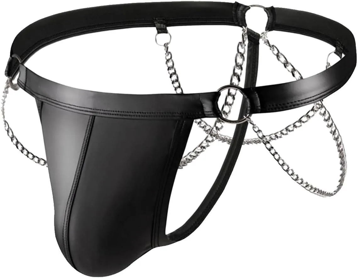 Men's Sexy Leather Underwear Ring Chain G-String Thongs Pouch Sissy Panties Low Rise Gay Briefs Lingerie