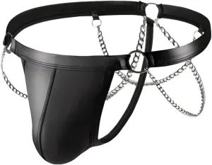 Men's Sexy Leather Underwear Ring Chain G-String Thongs Pouch Sissy Panties Low Rise Gay Briefs Lingerie