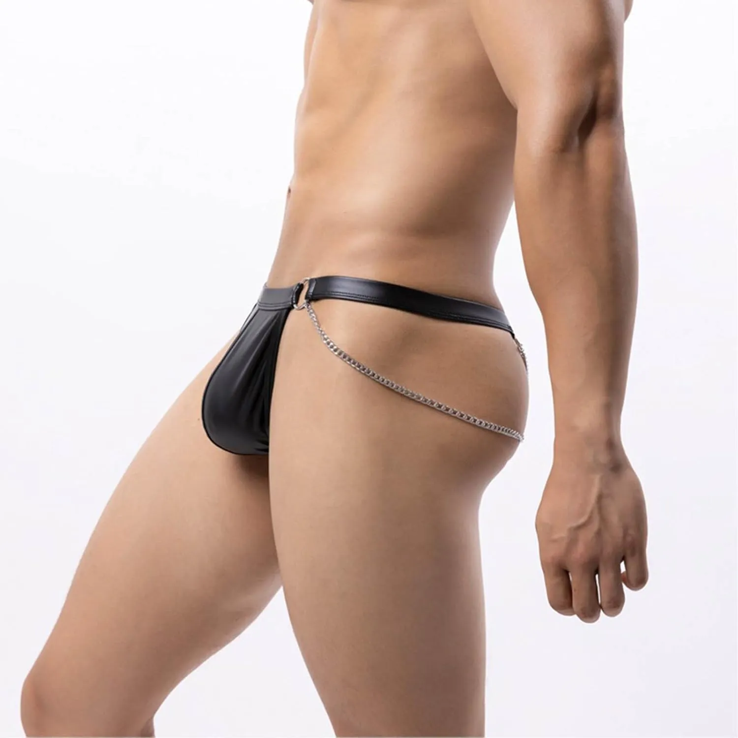 Men's Sexy Leather Underwear Ring Chain G-String Thongs Pouch Sissy Panties Low Rise Gay Briefs Lingerie