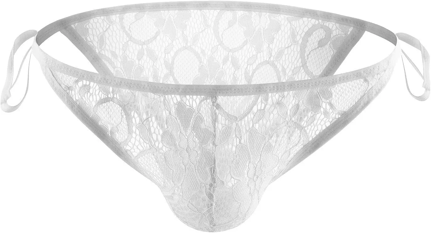 Men's Sexy See Through Lace Underwear Sissy Lingerie Briefs Self Tie Bikini Briefs Naughty Gay Briefs