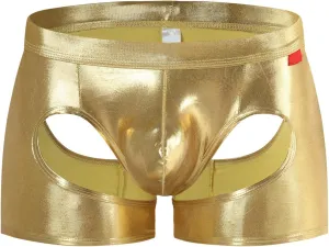 Men's Sexy Soft Boxer Briefs With Open Crotch Elastic Cutout Underwear Shorts Wet Look Patent Leather Bulge Enhancer
