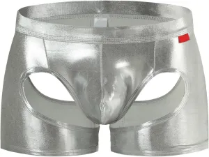 Men's Sexy Soft Boxer Briefs With Open Crotch Elastic Cutout Underwear Shorts Wet Look Patent Leather Bulge Enhancer