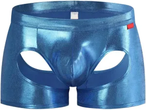 Men's Sexy Soft Boxer Briefs With Open Crotch Elastic Cutout Underwear Shorts Wet Look Patent Leather Bulge Enhancer