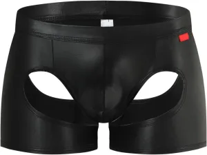 Men's Sexy Soft Boxer Briefs With Open Crotch Elastic Cutout Underwear Shorts Wet Look Patent Leather Bulge Enhancer