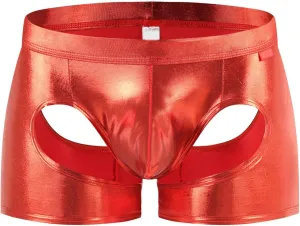 Men's Sexy Soft Boxer Briefs With Open Crotch Elastic Cutout Underwear Shorts Wet Look Patent Leather Bulge Enhancer
