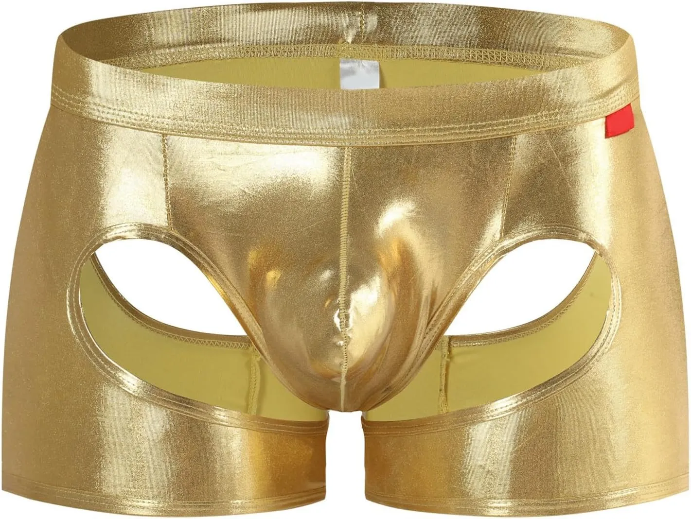 Men's Sexy Soft Boxer Briefs With Open Crotch Elastic Cutout Underwear Shorts Wet Look Patent Leather Bulge Enhancer