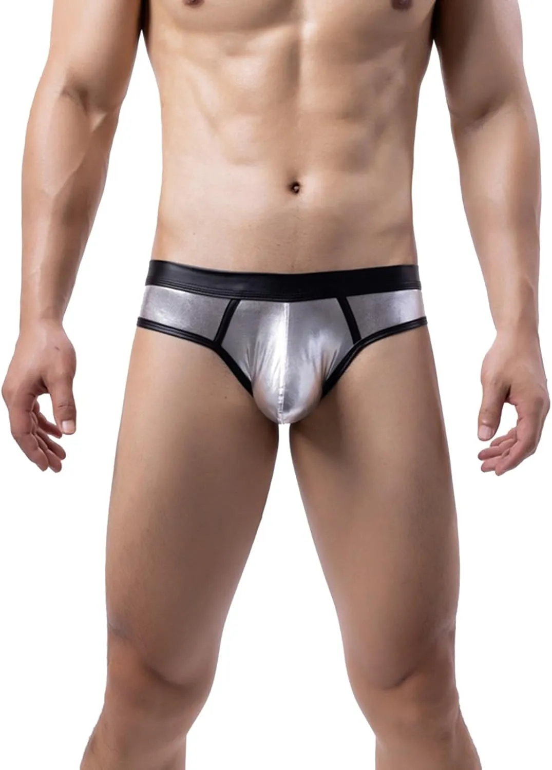 Men's Sexy Underwear Briefs Pu Leather Bikini Underwear Gay Y-Back Thongs Bulge Pouch Elastic Soft Underpants Panties