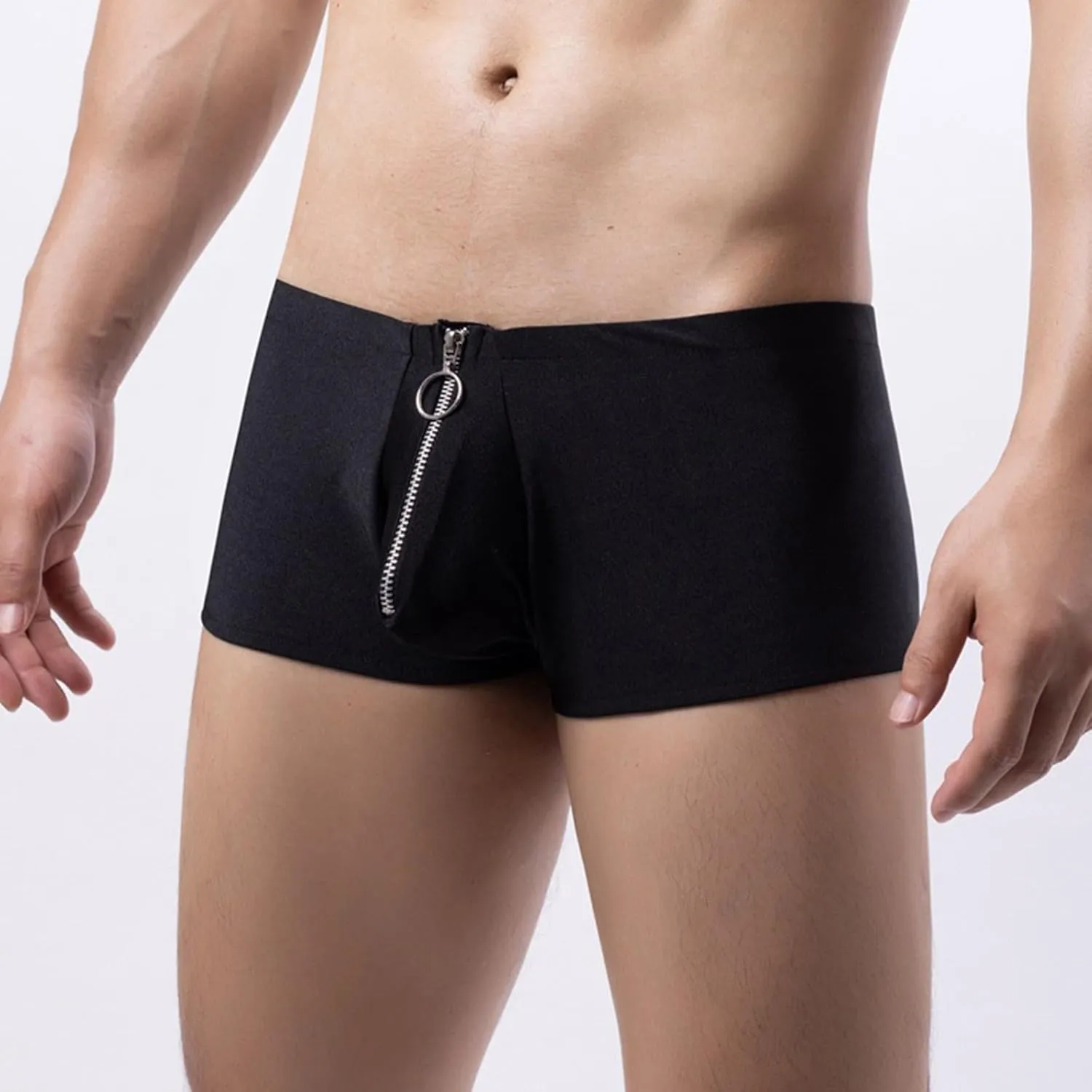 Men's Sexy Underwear Zipper Boxer Briefs with Pouch Low Rise Open Front Panties See Through Stretch Short Lingerie Y2K