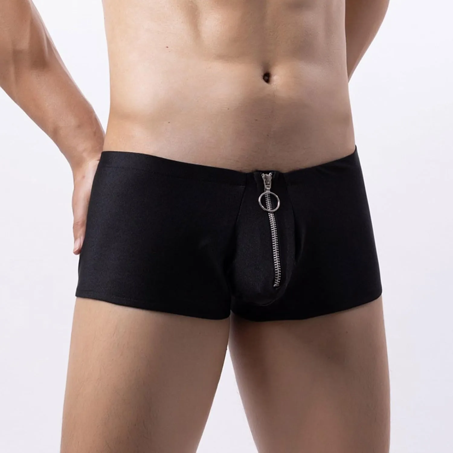 Men's Sexy Underwear Zipper Boxer Briefs with Pouch Low Rise Open Front Panties See Through Stretch Short Lingerie Y2K