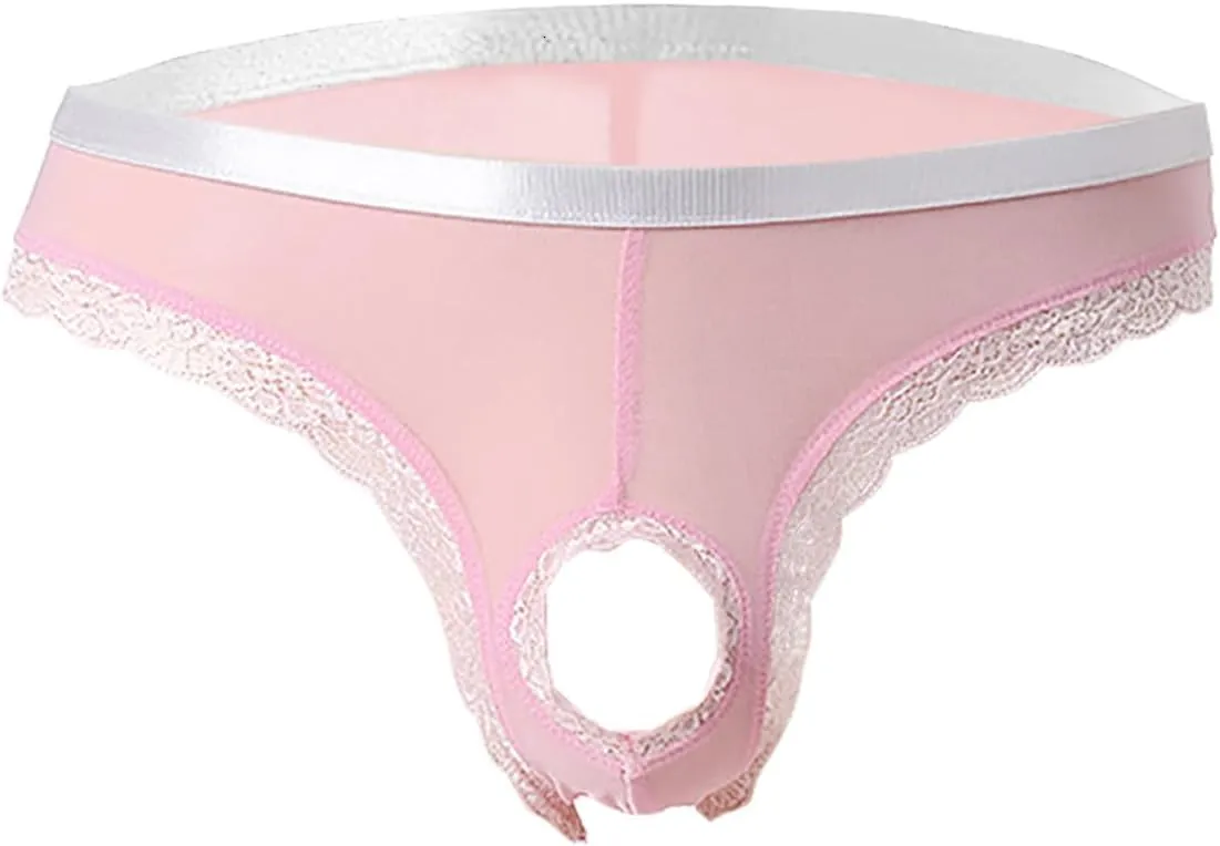Men's Sissy Thong Lingerie Sexy Cut Out Sheer Mesh Bikini Briefs Lace Tirm Bulge G-String Underwear