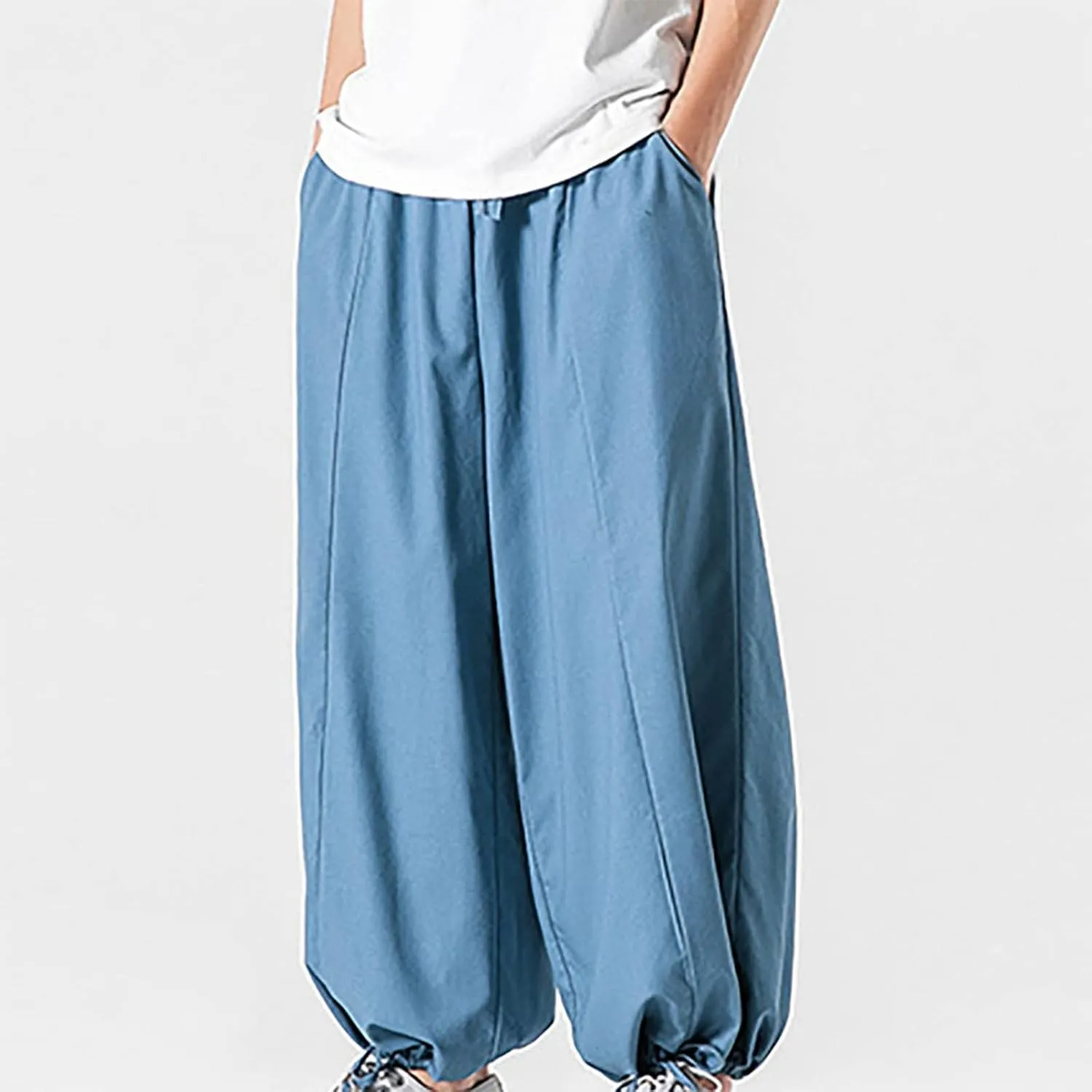 Mens Summer Linen Cotton Harem Pants Wide Leg Baggy Drawstring Bloomers Fashion Straight Leg Japanese Style Casual Trousers